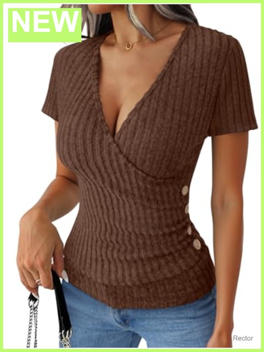 Women's Ribbed Knit Wrap V-Neck Short Sleeve Slim Fit Top
